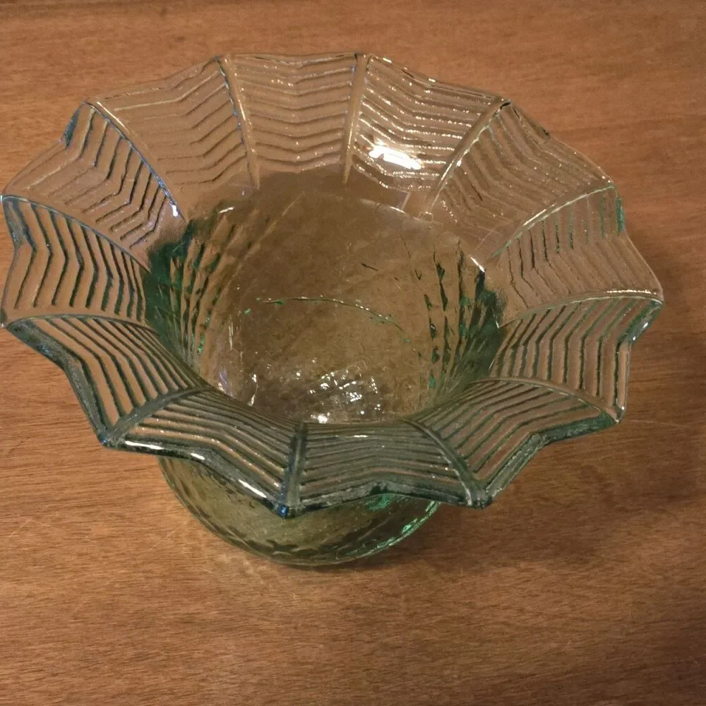Vintage Green Glass Bowl Vase Patterned Base Flared Rippled Rim, 3 X 5.5